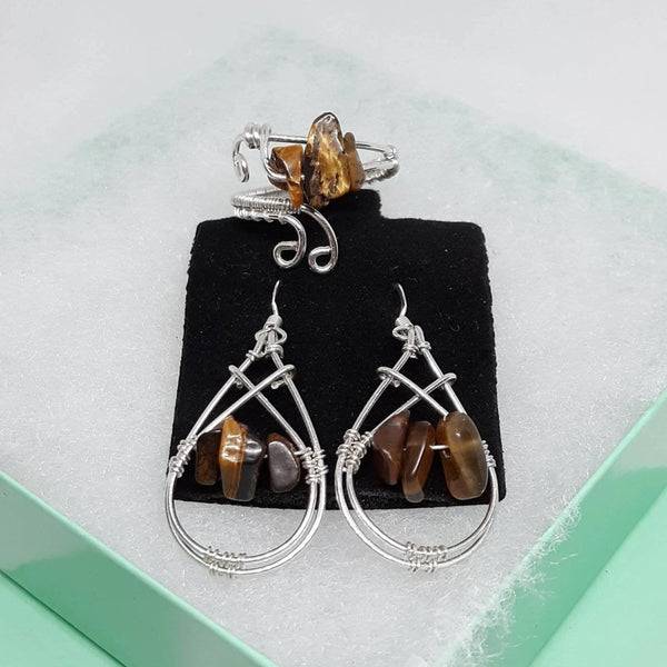 Tiger's Eye Earrings & Ring Set, Wire-wrapped Sterling Silver